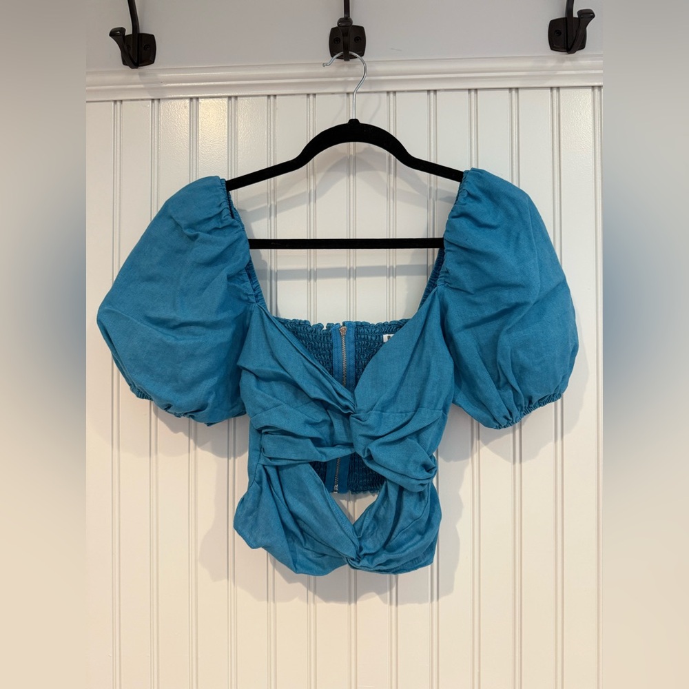 Reformation Blue Puff Sleeve Tie Front Crop Top